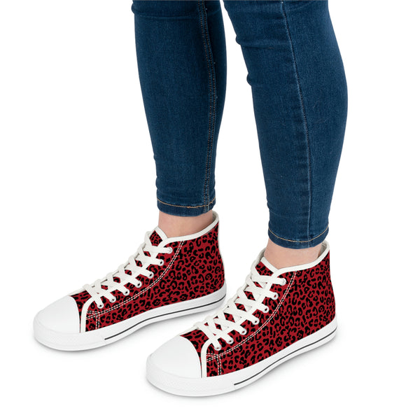 Leopard Print Black & Red - Women's High Top Sneakers White Sole