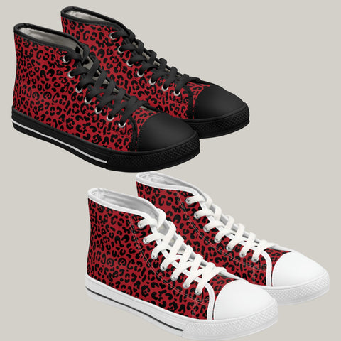Leopard Print Black & Red - Women's High Top Sneakers Black and White Soles
