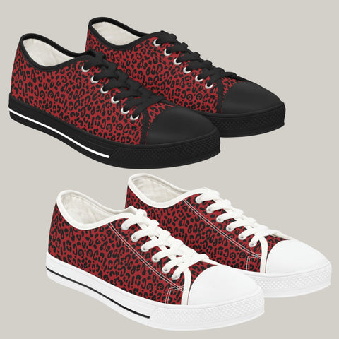 Leopard Print Black & Red - Women's Low Top Sneakers Black and White Soles