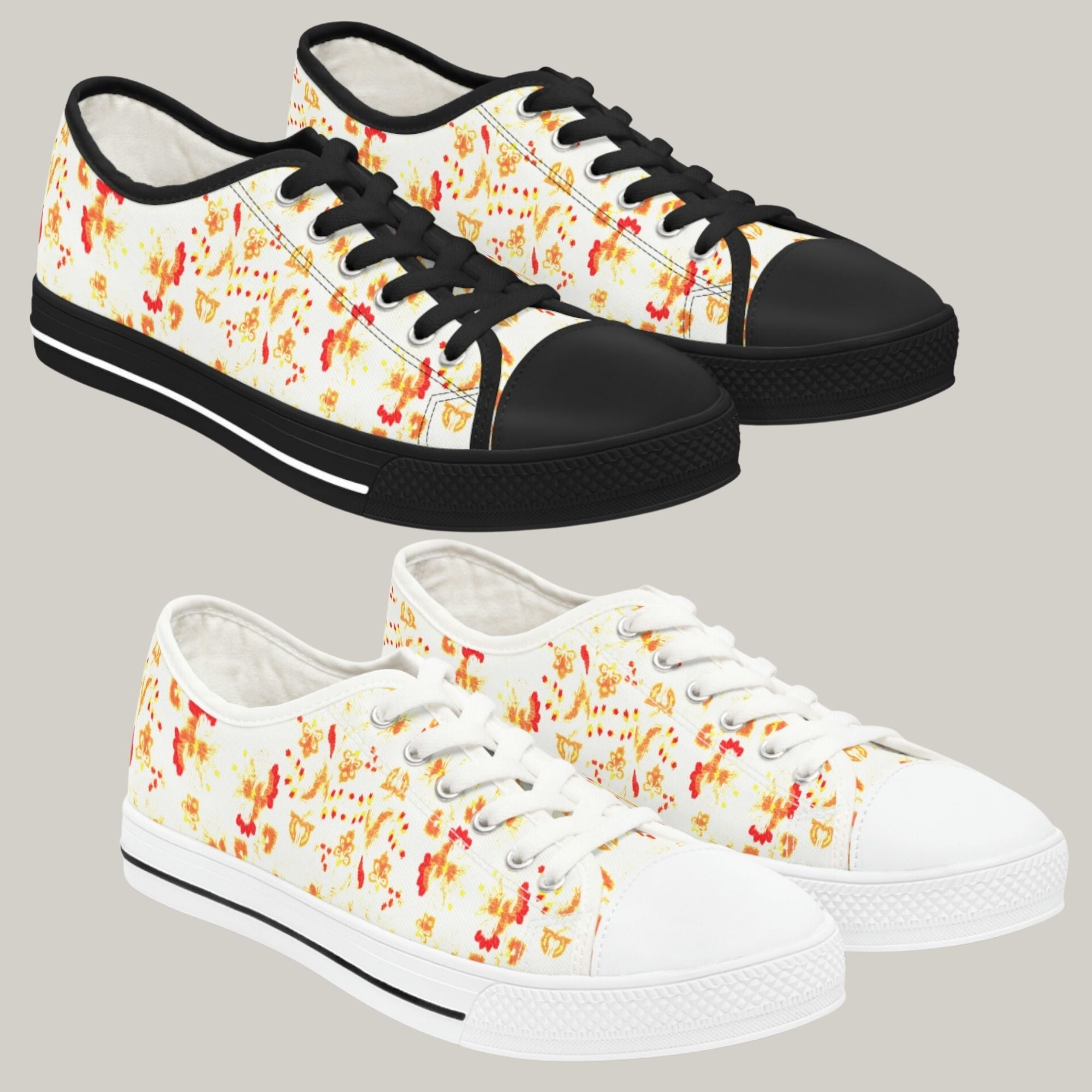 ORANGE FLORAL - Women's Low Top Sneakers Black and White Sole