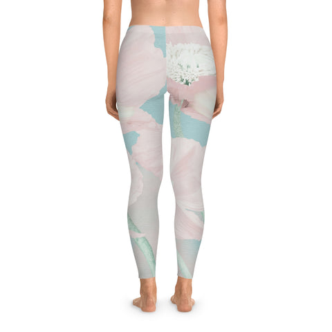 PINK FLOWERS IN BLUE SKY - Stretchy Leggings