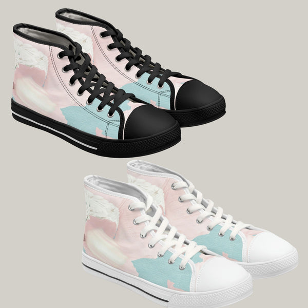 PINK FLOWERS IN BLUE SKY - Women's High Top Sneakers Black and White Soles