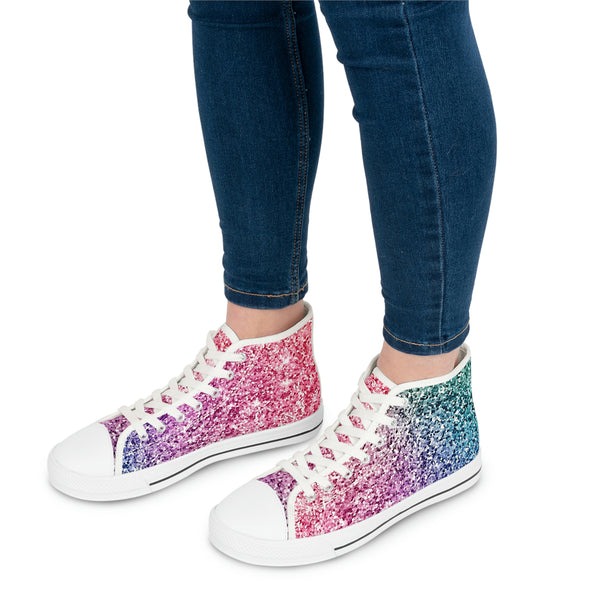 PINK & PURPLE SEQUIN PRINT - Women's High Top Sneakers White Sole