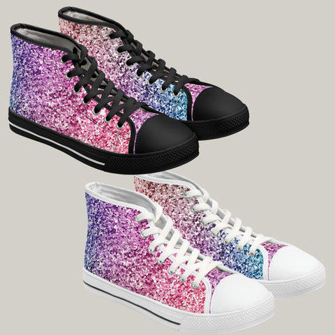 PINK & PURPLE SEQUIN PRINT - Women's High Top Sneakers Black and White Soles