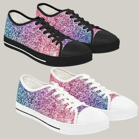 PINK & PURPLE SEQUIN PRINT - Women's Low Top Sneakers Black and White Soles