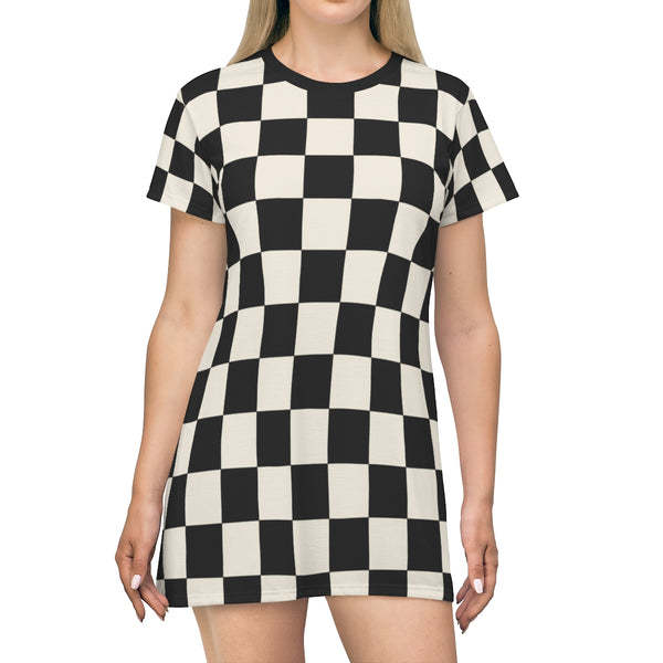 RACER CHECK - BLACK & CREAM - T-Shirt Dress FRONT
