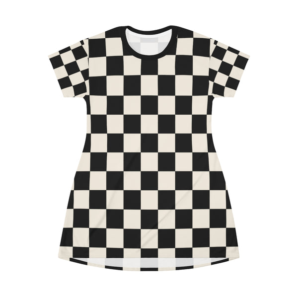 RACER CHECK - BLACK & CREAM - T-Shirt Dress FRONT