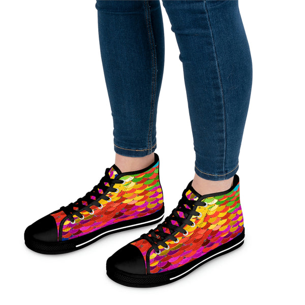 RAINBOW COLOR SEQUIN PRINT - Women's High Top Sneakers Black Sole
