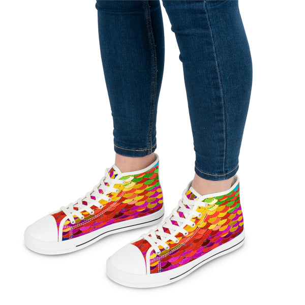 RAINBOW COLOR SEQUIN PRINT - Women's High Top Sneakers White Sole