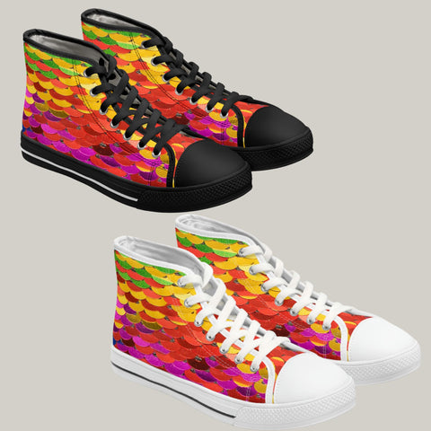 RAINBOW COLOR SEQUIN PRINT - Women's High Top Sneakers Black and White Soles