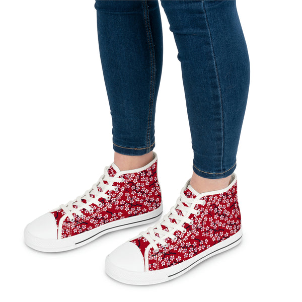 RED CHERRY BLOSSOM - Women's High Top Sneakers White Sole