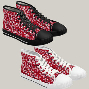 RED CHERRY BLOSSOM - Women's High Top Sneakers Black and White Sole