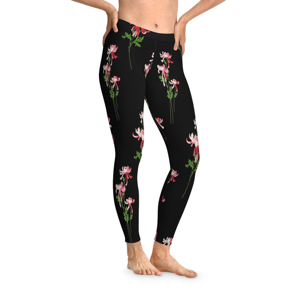 RED FLOWERS & BLACK - Stretchy Leggings FRONT