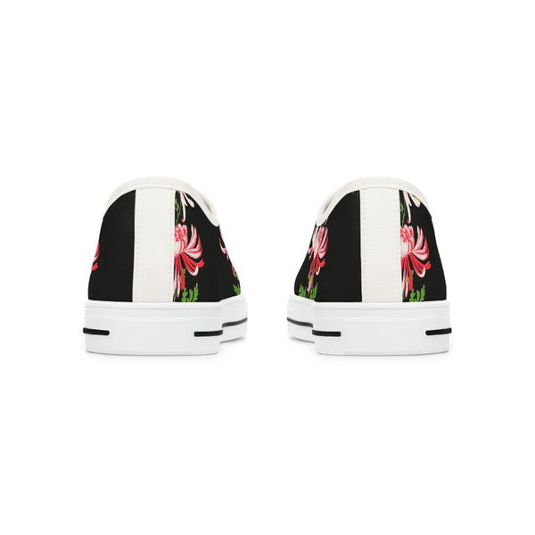 RED FLOWERS & BLACK - Women's Low Top Sneakers White Sole