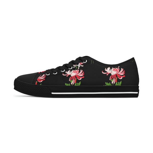 RED FLOWERS & BLACK - Women's Low Top Sneakers Black Sole