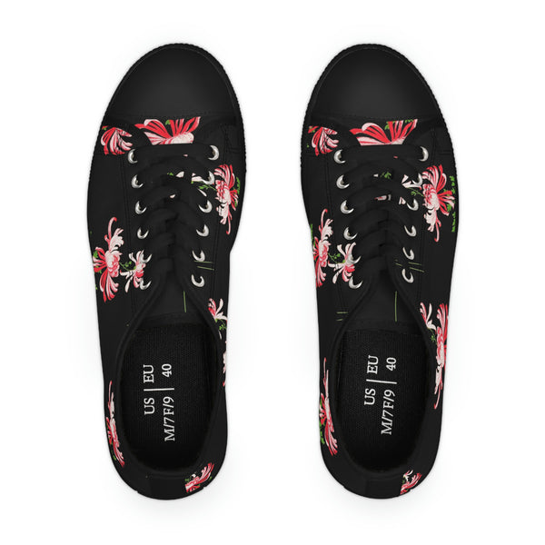 RED FLOWERS & BLACK - Women's Low Top Sneakers Black Sole