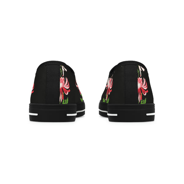 RED FLOWERS & BLACK - Women's Low Top Sneakers Black Sole