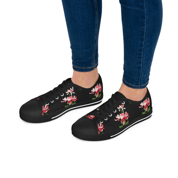 RED FLOWERS & BLACK - Women's Low Top Sneakers Black Sole