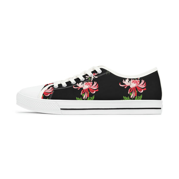 RED FLOWERS & BLACK - Women's Low Top Sneakers White Sole