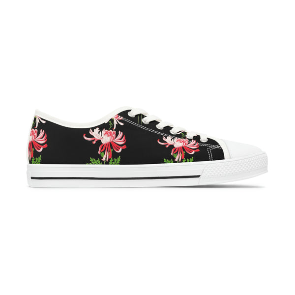 RED FLOWERS & BLACK - Women's Low Top Sneakers White Sole