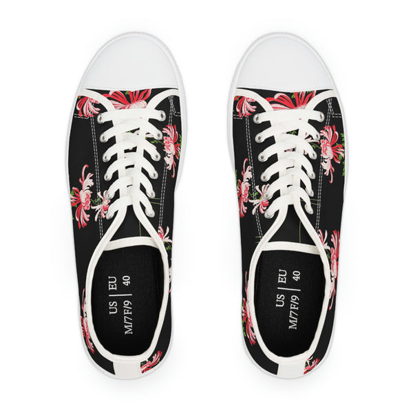 RED FLOWERS & BLACK - Women's Low Top Sneakers White Sole