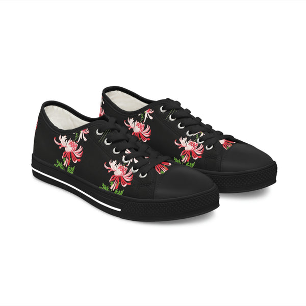 RED FLOWERS & BLACK - Women's Low Top Sneakers Black Sole