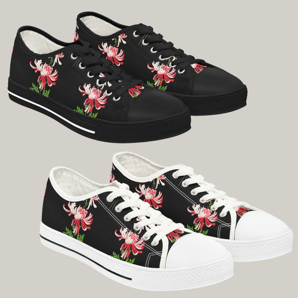 RED FLOWERS & BLACK - Women's Low Top Sneakers Black and White Sole