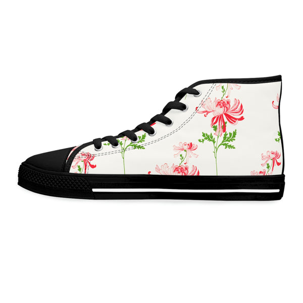 RED FLOWERS & WHITE - Women's High Top Sneakers Black Sole