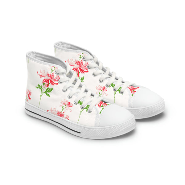 RED FLOWERS & WHITE - Women's High Top Sneakers White Sole