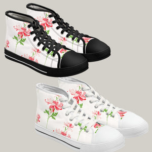 RED FLOWERS & WHITE - Women's High Top Sneakers Black and White Sole