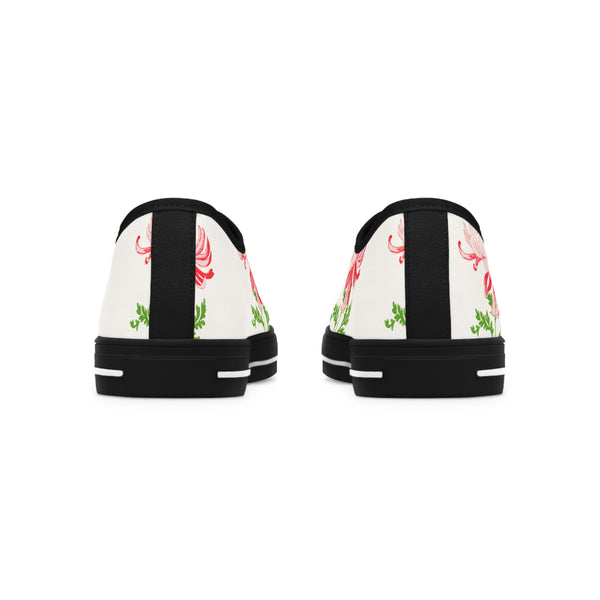 RED FLOWERS & WHITE - Women's Low Top Sneakers Black Sole