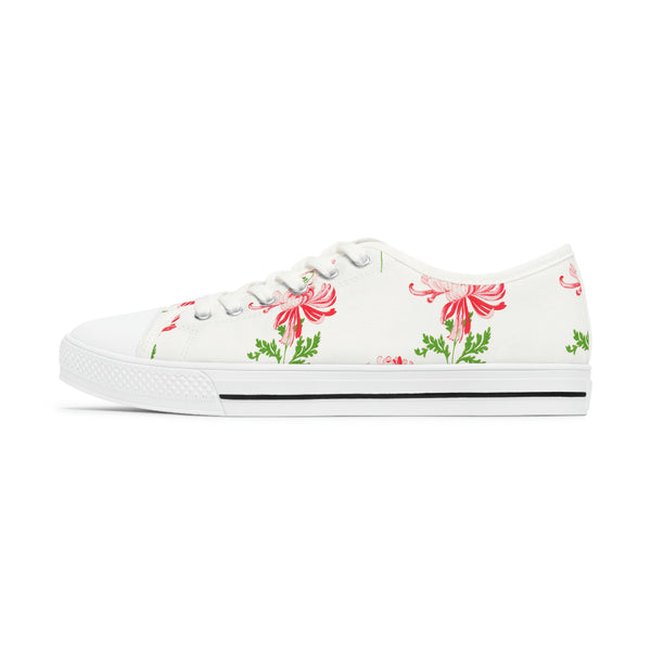 RED FLOWERS & WHITE - Women's Low Top Sneakers White Sole