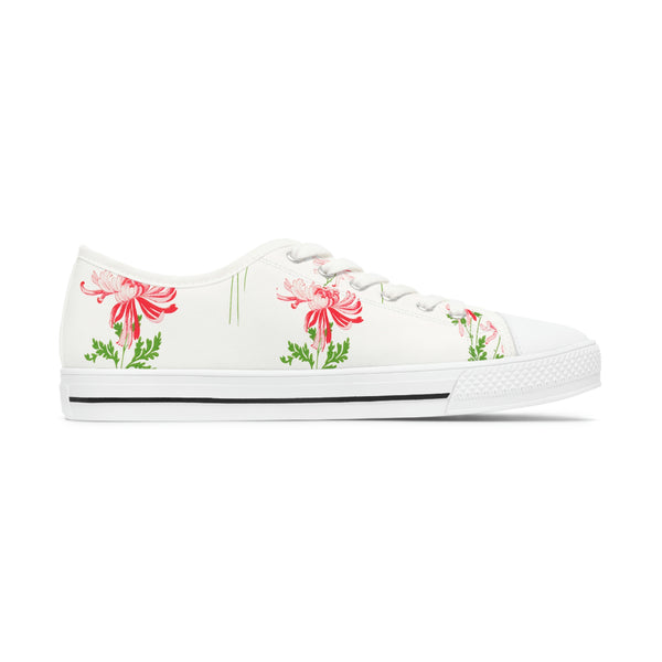 RED FLOWERS & WHITE - Women's Low Top Sneakers White Sole