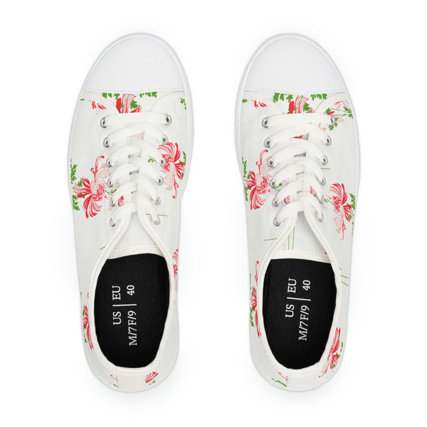 RED FLOWERS & WHITE - Women's Low Top Sneakers White Sole