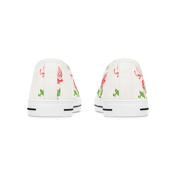 RED FLOWERS & WHITE - Women's Low Top Sneakers White Sole