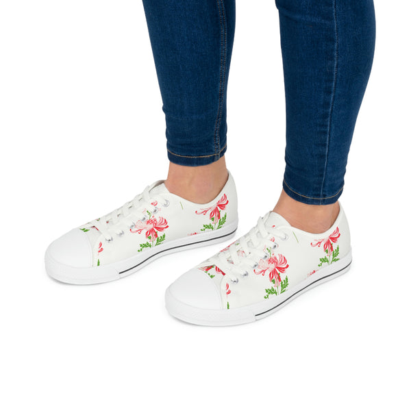 RED FLOWERS & WHITE - Women's Low Top Sneakers White Sole