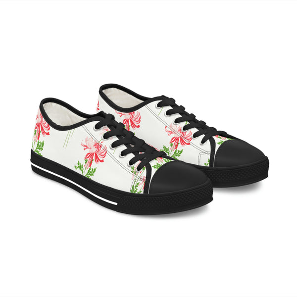 RED FLOWERS & WHITE - Women's Low Top Sneakers Black Sole