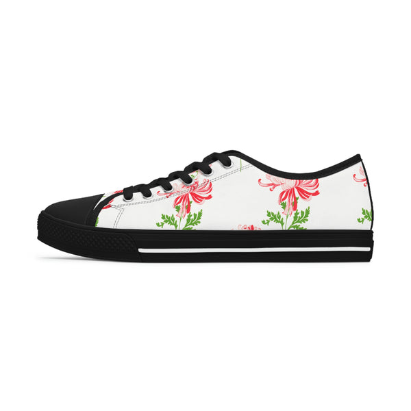 RED FLOWERS & WHITE - Women's Low Top Sneakers Black Sole