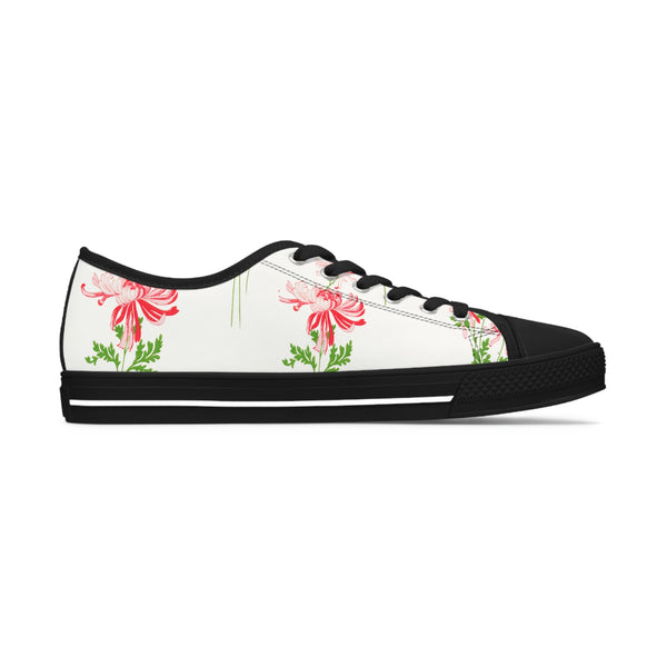 RED FLOWERS & WHITE - Women's Low Top Sneakers Black Sole