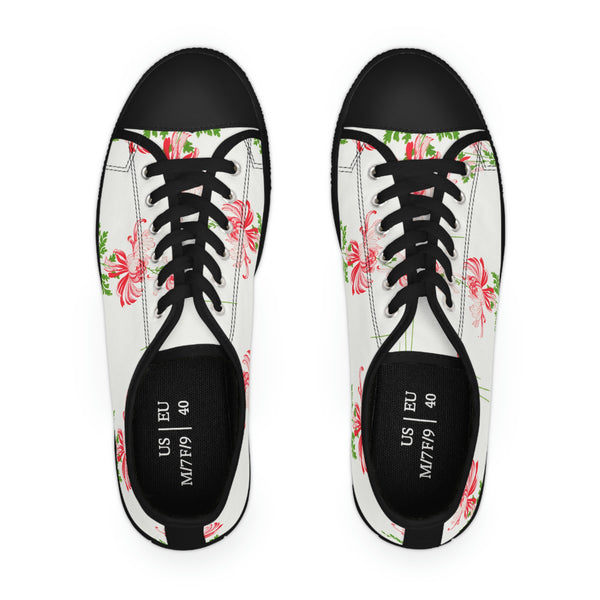 RED FLOWERS & WHITE - Women's Low Top Sneakers Black Sole