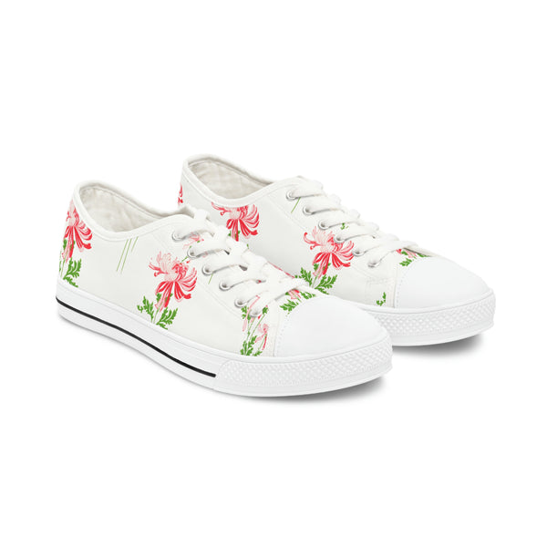 RED FLOWERS & WHITE - Women's Low Top Sneakers White Sole