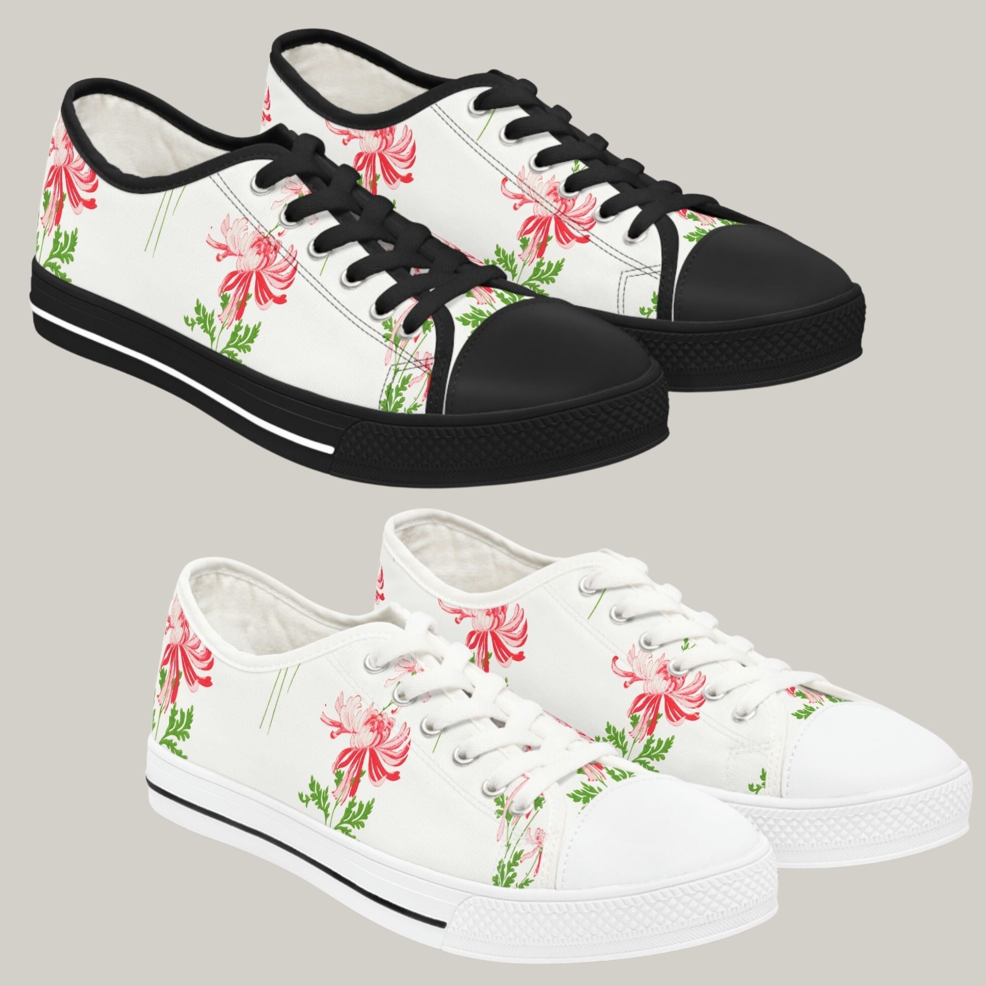 RED FLOWERS & WHITE - Women's Low Top Sneakers Black and White Sole