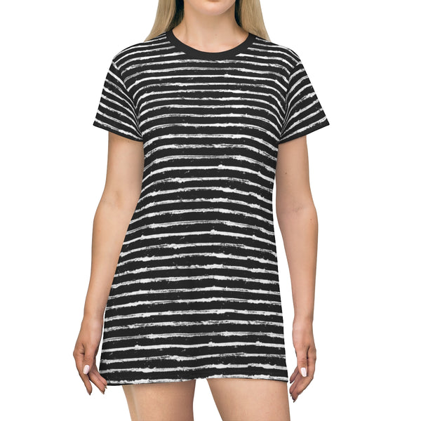 SCRATCHED STRIPE - BLACK & WHITE - T-Shirt Dress FRONT