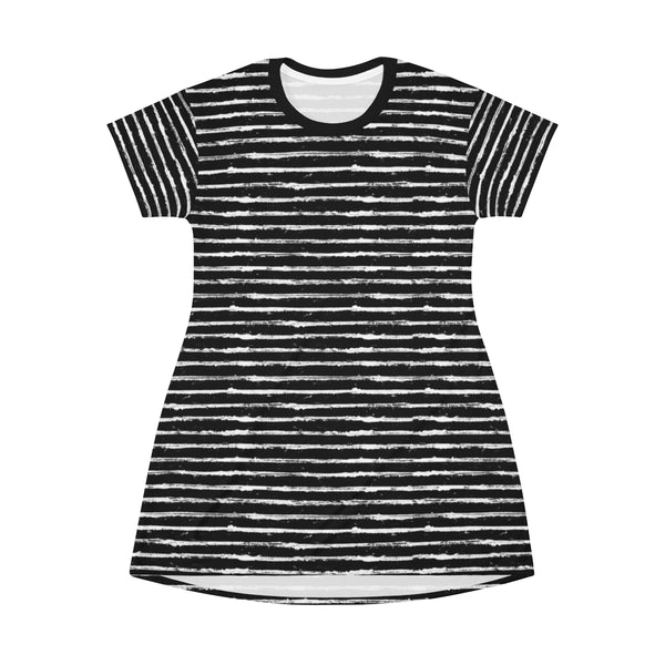 SCRATCHED STRIPE - BLACK & WHITE - T-Shirt Dress FRONT