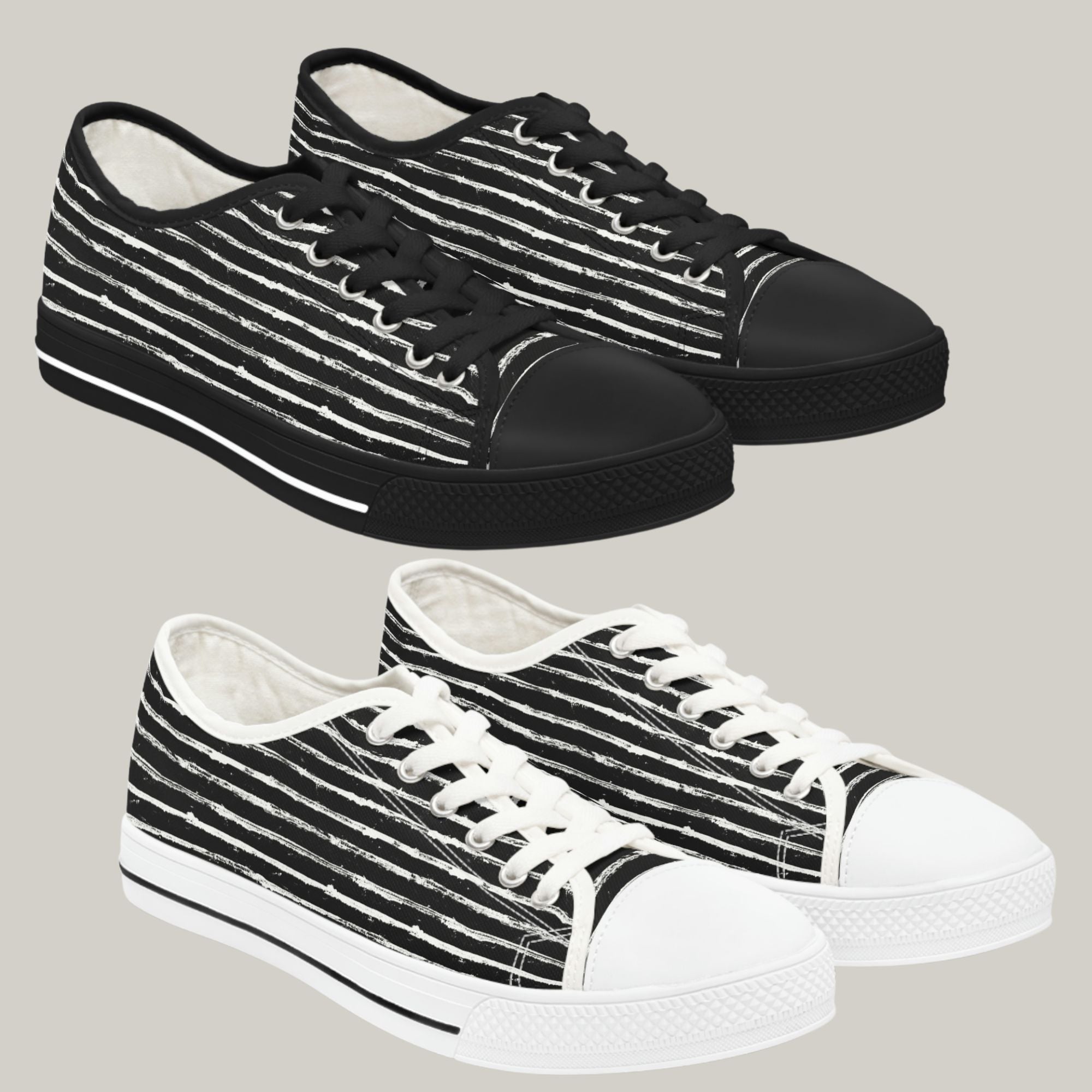 SCRATCHED STRIPE - Women's Low Top Sneakers Black and White Soles