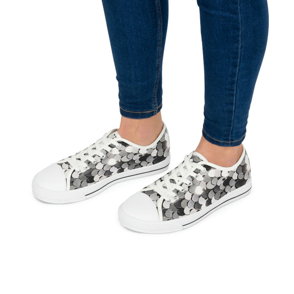 SHINY SILVER SEQUIN PRINT - Women's Low Top Sneakers White Sole