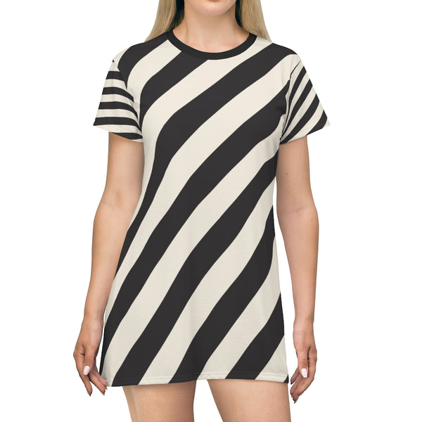 STRIPED - BLACK & CREAM - T-Shirt Dress FRONT