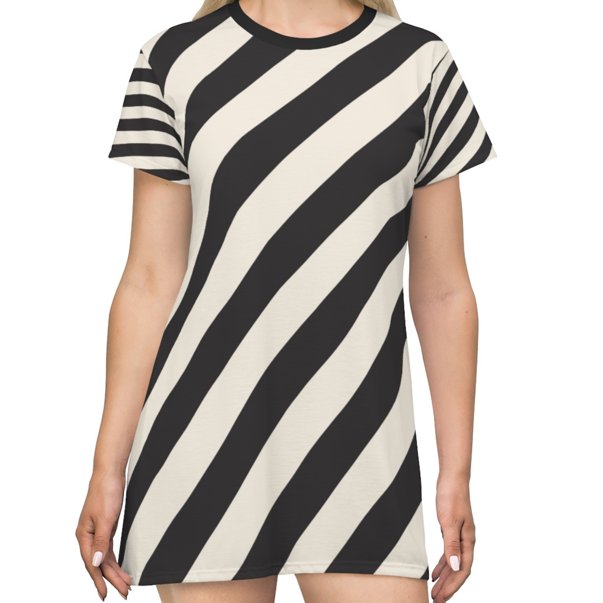 STRIPED - BLACK & CREAM - T-Shirt Dress FRONT