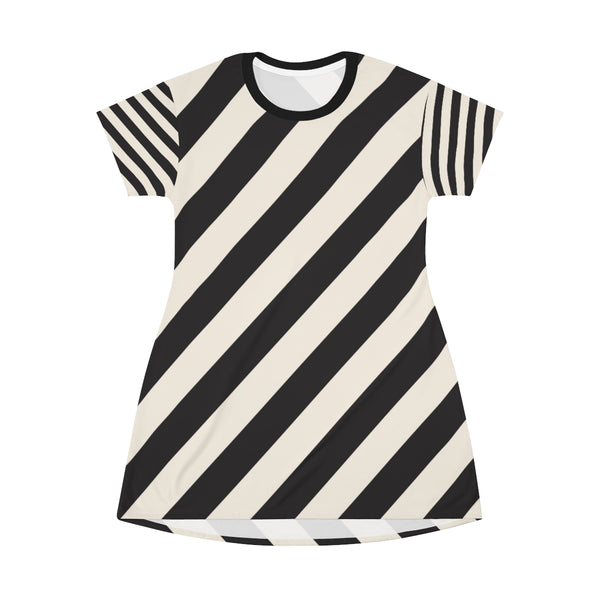 STRIPED - BLACK & CREAM - T-Shirt Dress FRONT