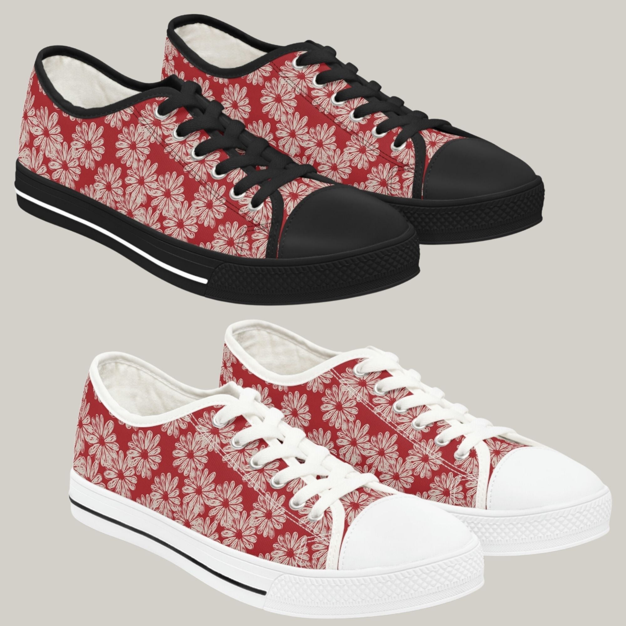 SWEET DAISY RED - Women's Low Top Sneakers Black and White Sole